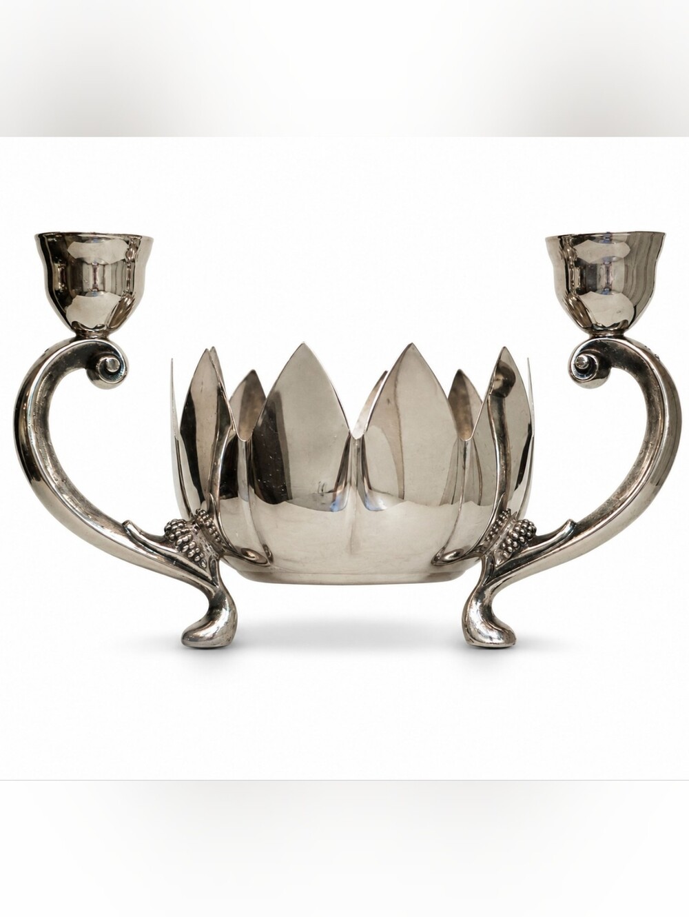 Vintage Silverplate Lotus Flower Bowl 3 Candle Candelabra Centerpiece